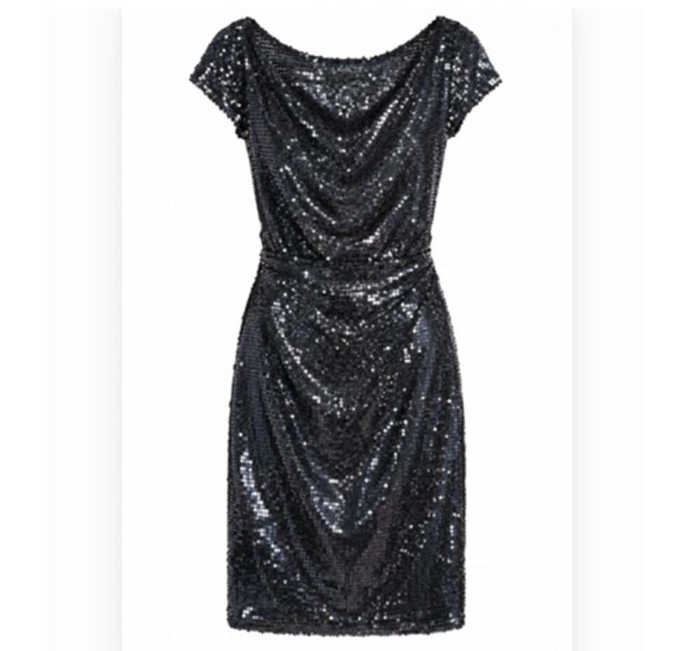 Alyce Paris Sequin Cocktail Dress Womens 10 Black Cowl Neck Cap Sleeve Sheath